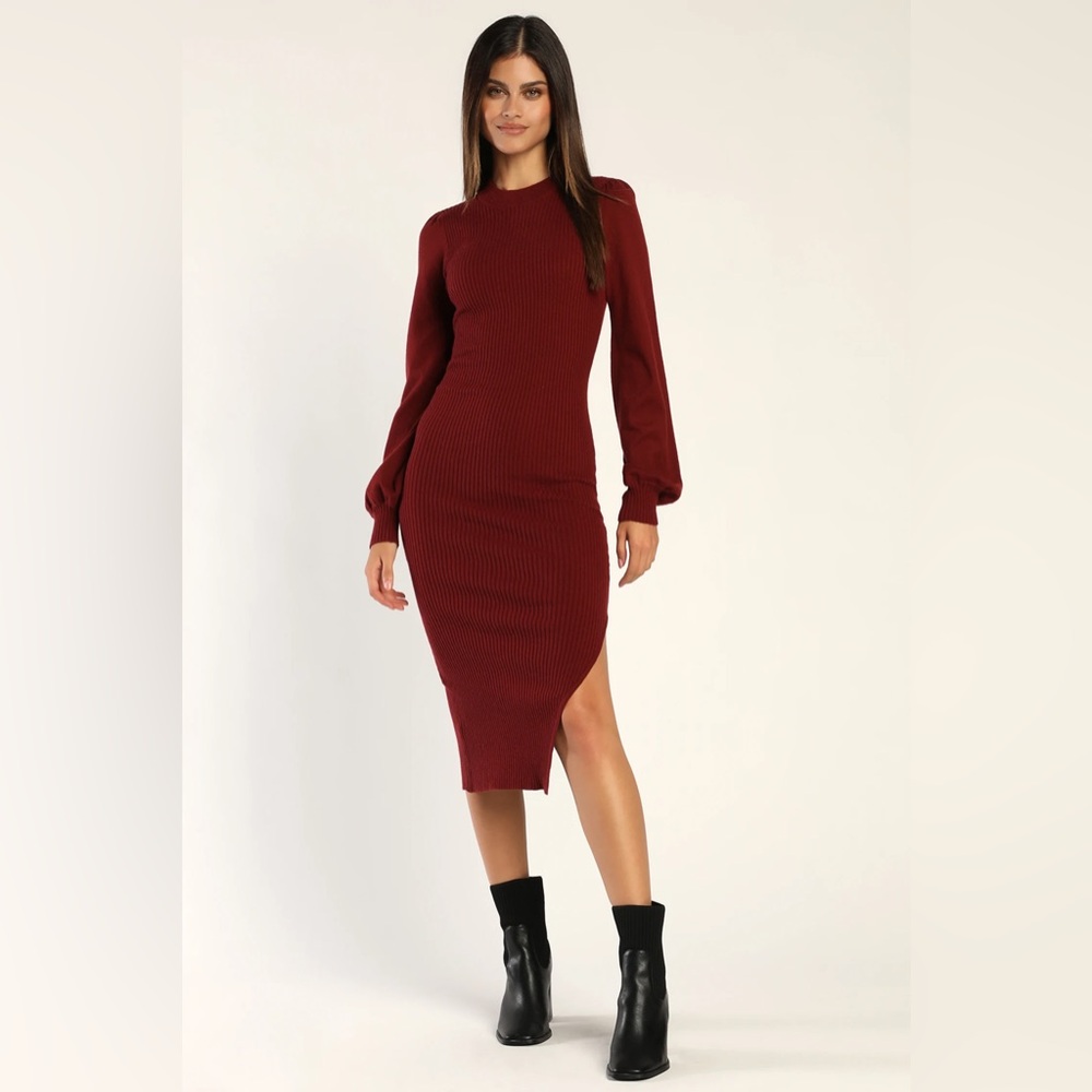 Lulus Upfront Style Burgundy Ribbed Long Sleeve Sweater Dress